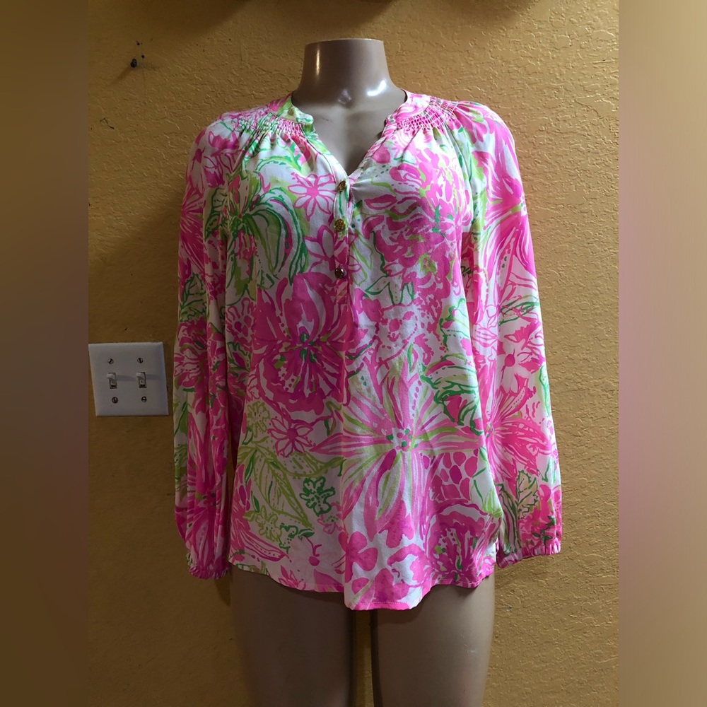 Lilly Pulitzer Vibrant Pink and Green Floral Blouse